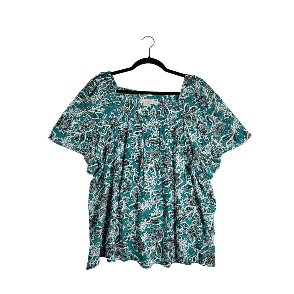 LOFT Floral Peasant Blouse Women XL Petite Teal Green Square Neck Flutter Sleeve